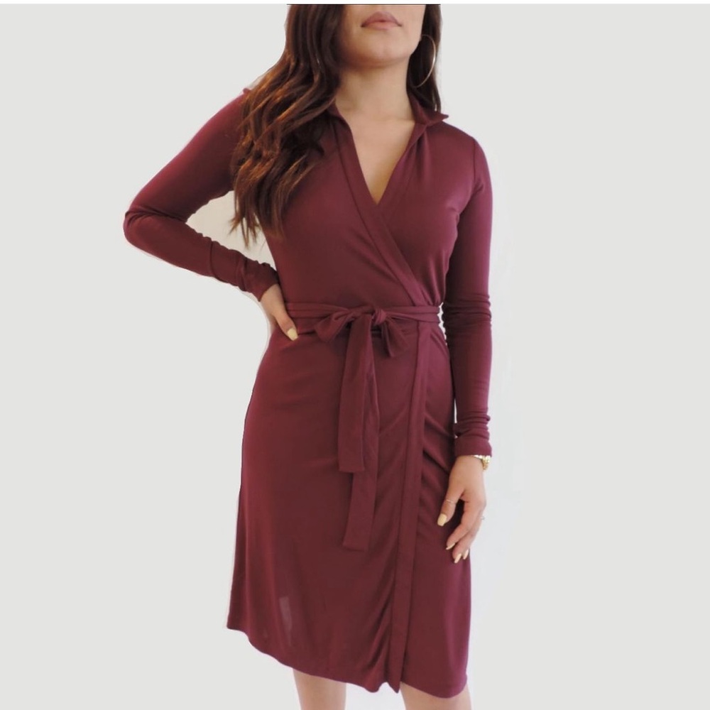 Wine-Midi wrap belted Dress